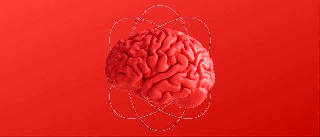 3D brain render on red background